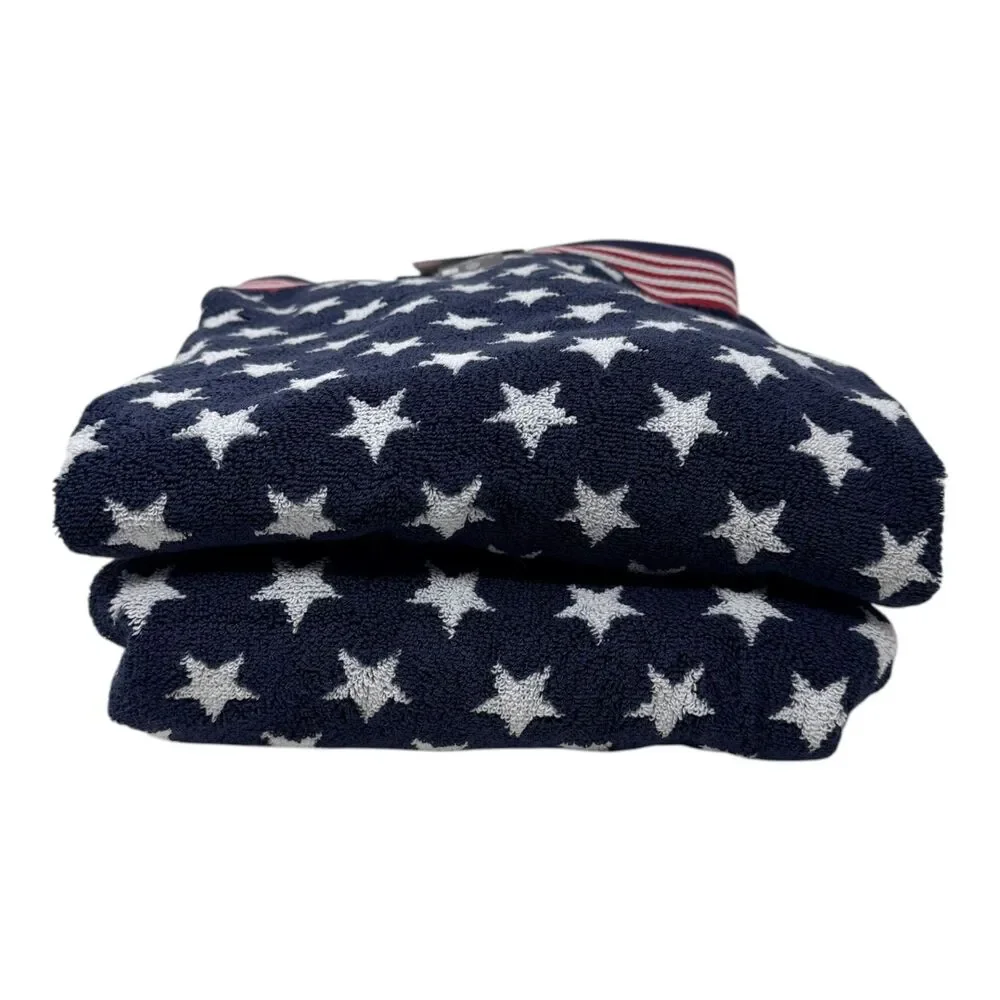Brooks Brothers Patriotic Stars Stripes Navy Bath Towel Set 2pc 30x56 Cotton NWT